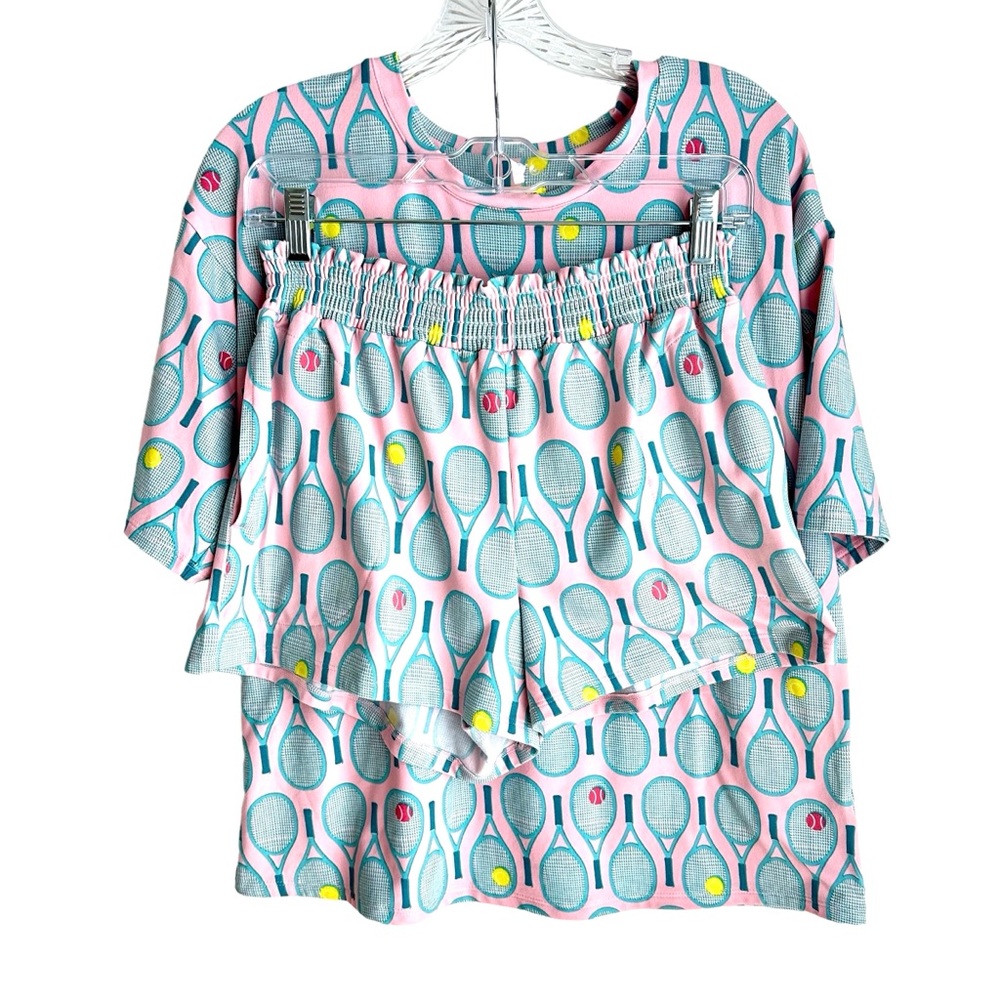 Shady Lady 2 Pc Short Pink and Blue Racquet and Ball Pajama Set Size Small